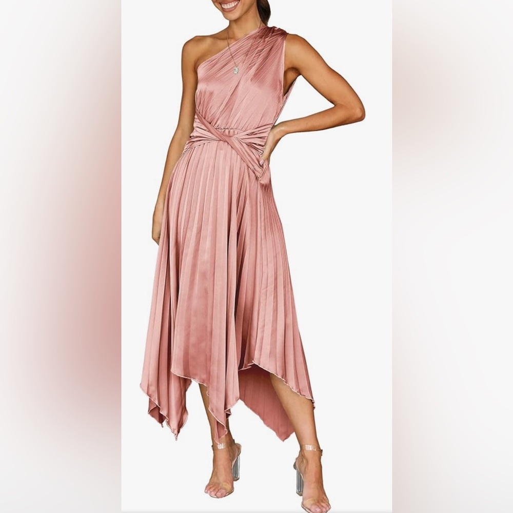 ANRABESS One Shoulder Midi Dress Sleeveless Twist Pleated Asymmetric Satin Dress